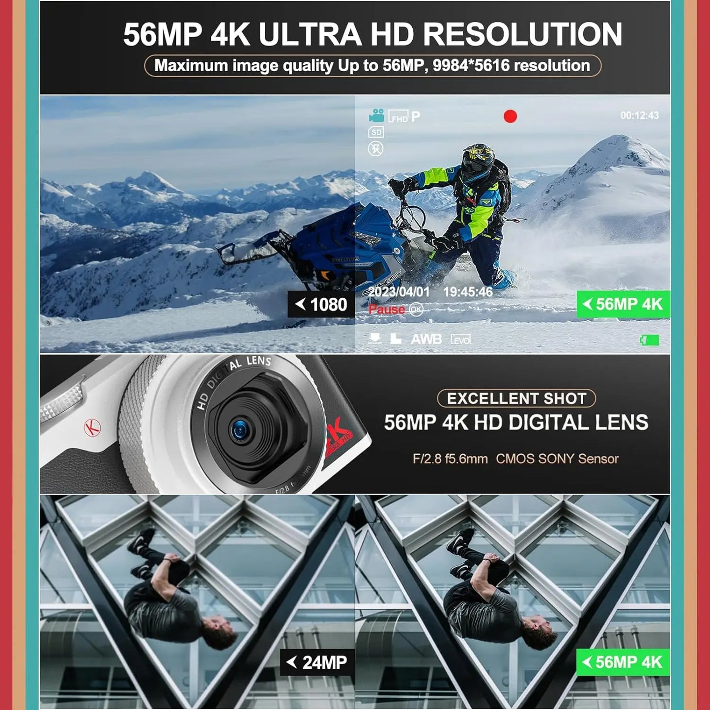 Digital Camera 56MP Cameras for Photography 4K Camera 180°Flip Screen Digital Point and Camera with 16X Zoom Compact Camera