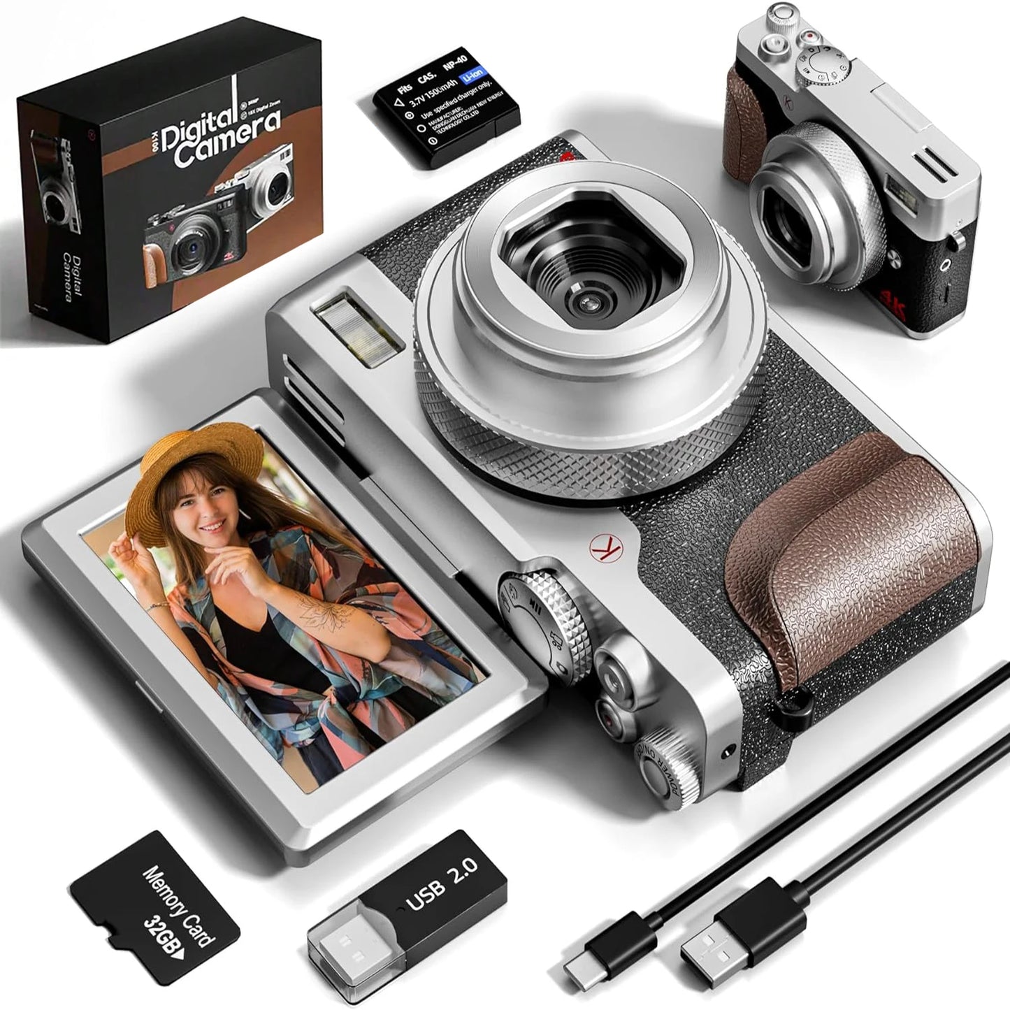 Digital Camera 56MP Cameras for Photography 4K Camera 180°Flip Screen Digital Point and Camera with 16X Zoom Compact Camera