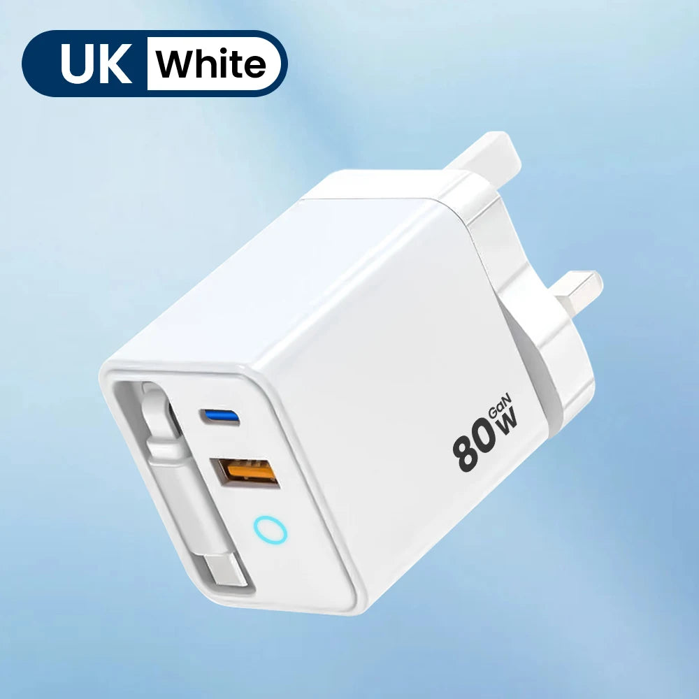 80W Super Fast Charge Type C USB Phone Charger with Telescopic USB C Cable for Iphone 16 15 Samsung Laptop with Light