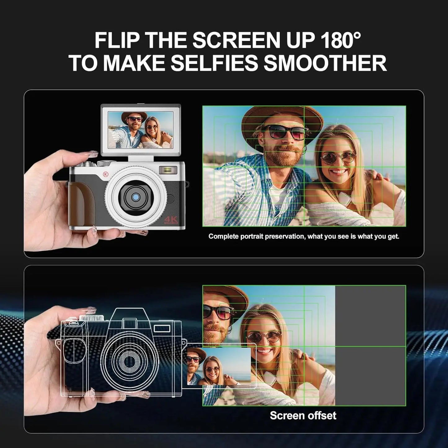 Digital Camera 56MP Cameras for Photography 4K Camera 180°Flip Screen Digital Point and Camera with 16X Zoom Compact Camera