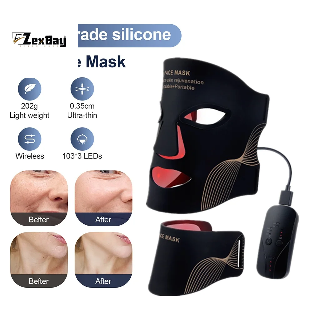 Silicone LED Mask Face and Neck 7 Colors LED Photon Red Light Infrared Therapy Flexible Facial Mask Repair Skin Wireless Use