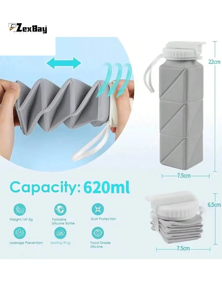 1Pcs 620Ml Square Silicone Folding Mug Portable Food Grade Sports Water Bottle Retractable for Gym Camping Hiking Travel