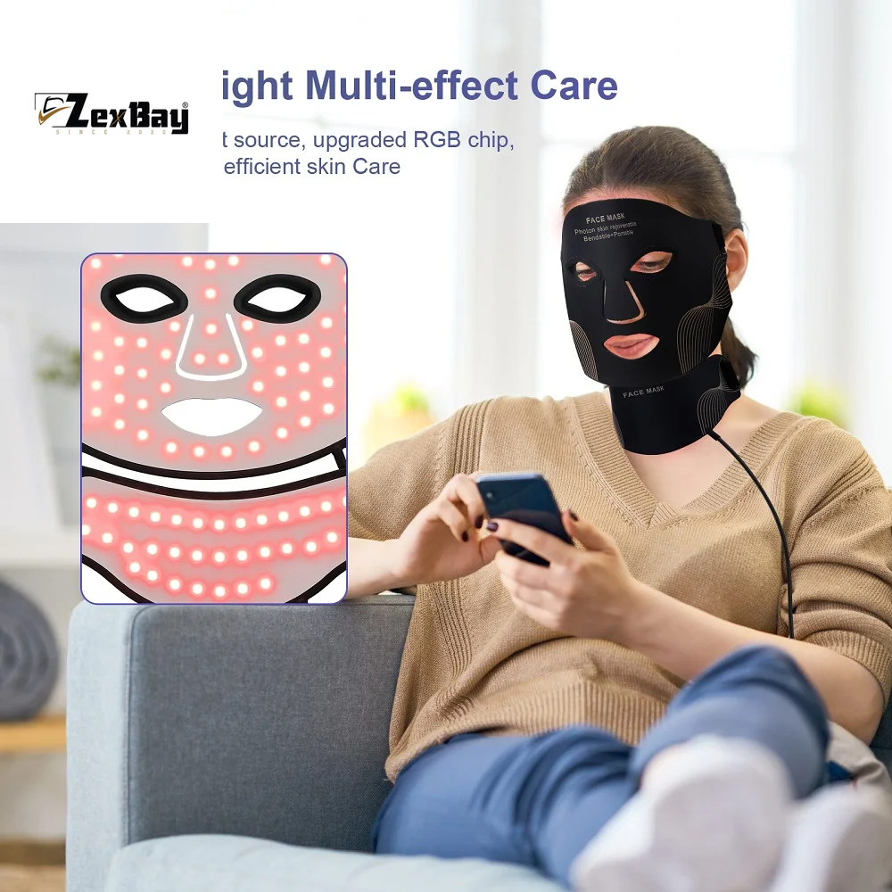 Silicone LED Mask Face and Neck 7 Colors LED Photon Red Light Infrared Therapy Flexible Facial Mask Repair Skin Wireless Use