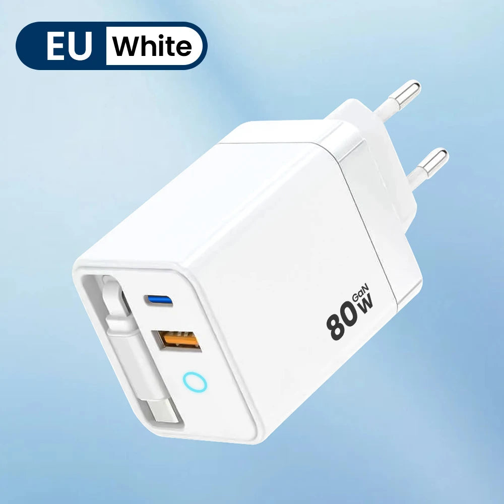 80W Super Fast Charge Type C USB Phone Charger with Telescopic USB C Cable for Iphone 16 15 Samsung Laptop with Light