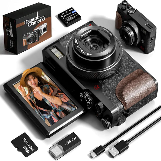Digital Camera 56MP Cameras for Photography 4K Camera 180°Flip Screen Digital Point and Camera with 16X Zoom Compact Camera