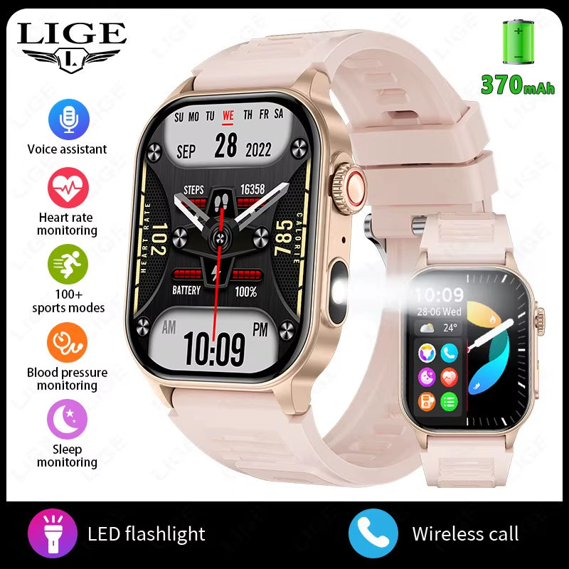 LIGE New Men Smart Watch Flashlight 2.01" HD Large Screen AI Voice Bluetooth Call Sport Watches Health Monitor Smartwatch Women