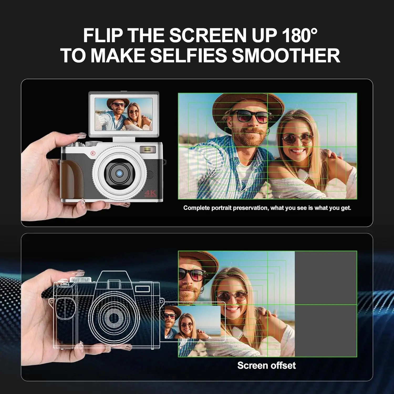 Digital Camera 56MP Cameras for Photography 4K Camera 180°Flip Screen Digital Point and Camera with 16X Zoom Compact Camera